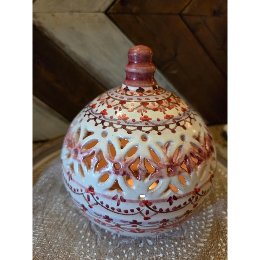 Hand Painted Ceramic Tea Light Candle Holder Pierced Lattice Globe Luminary
